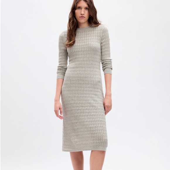 New Gap textured midi Heather gray silver crochet long sleeve sweater dress Fall - Picture 1 of 5